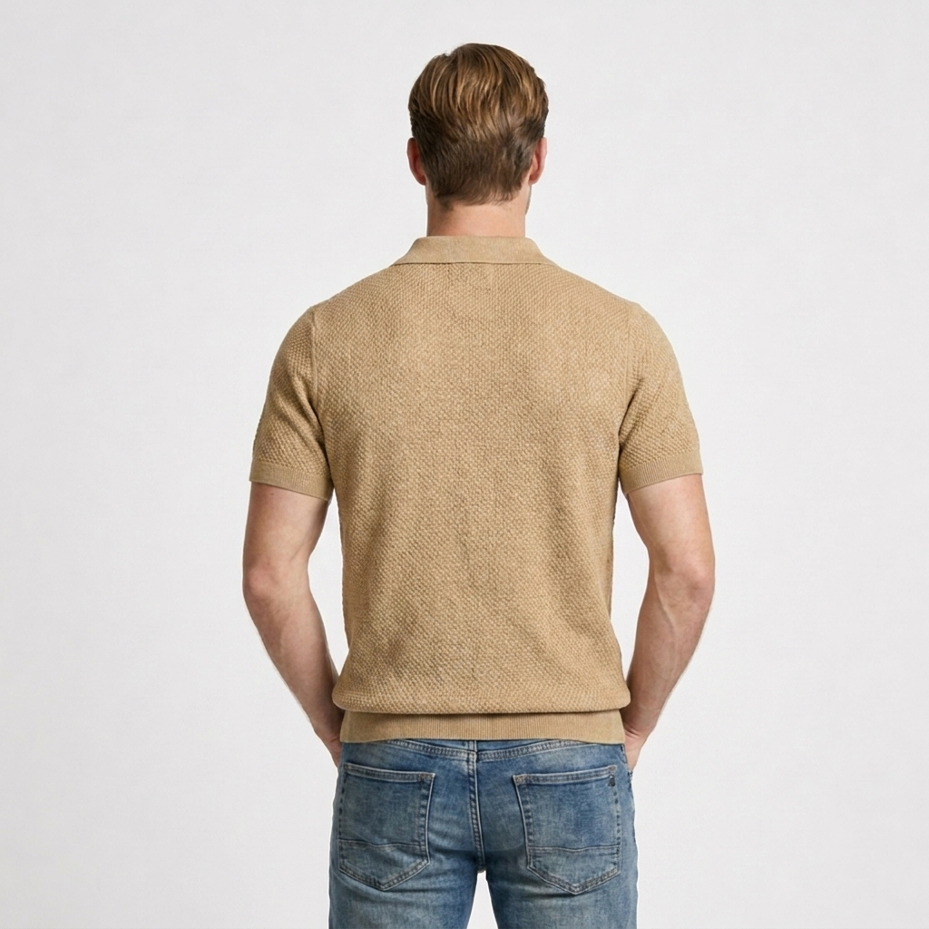 Textured Knit Polo Open Collar Short Sleeve for Men