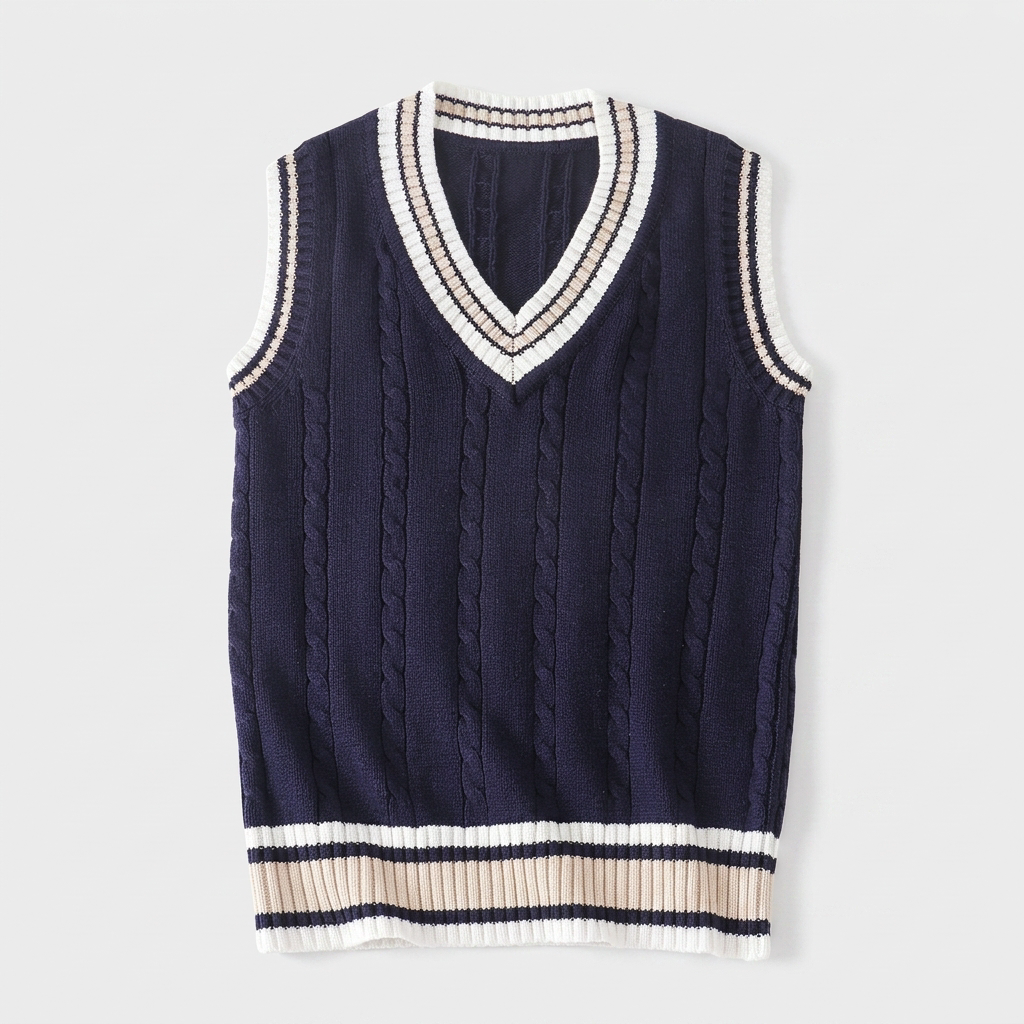 Cable Knit Vest V-Neck Contrast Stripe Trim for Men