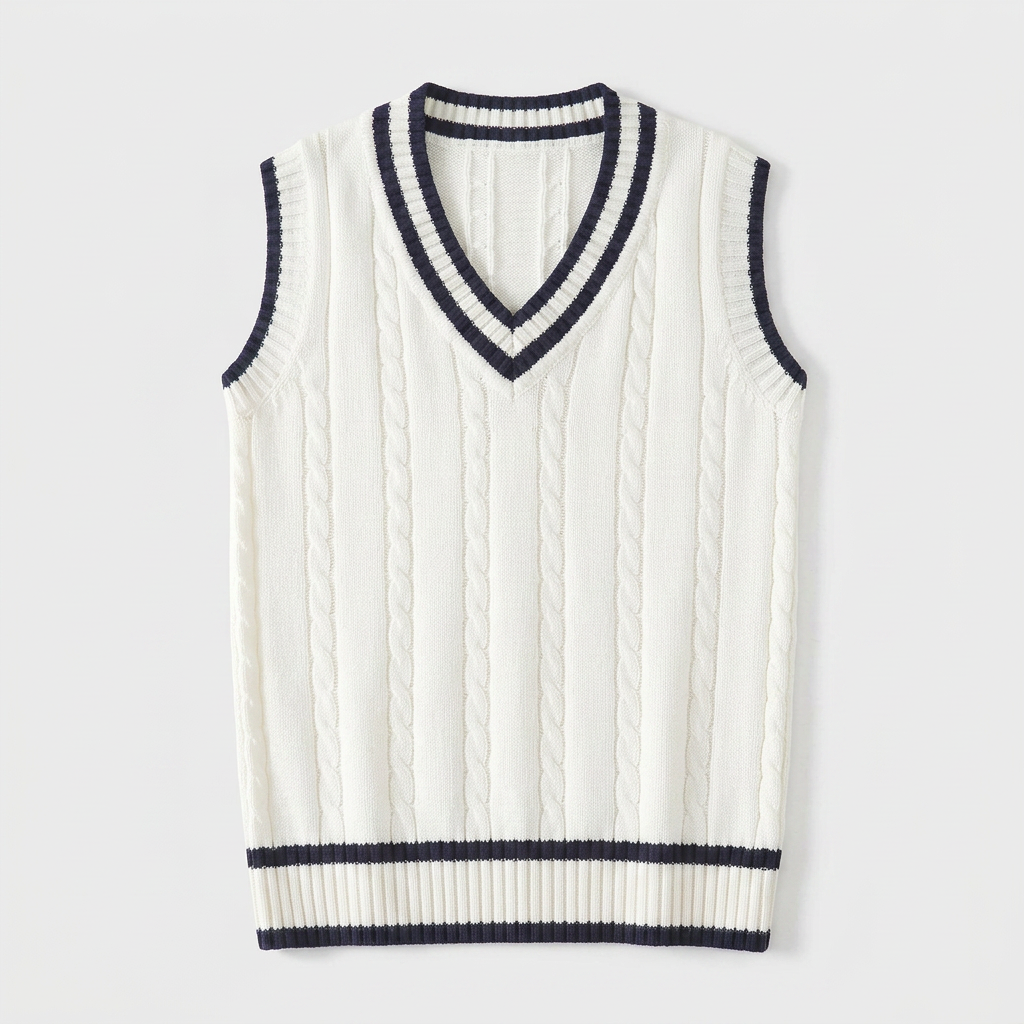 Cable Knit Vest V-Neck Contrast Stripe Trim for Men
