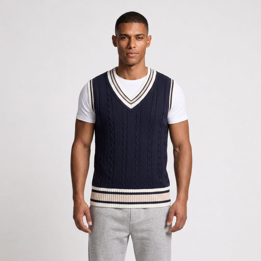 Cable Knit Vest V-Neck Contrast Stripe Trim for Men