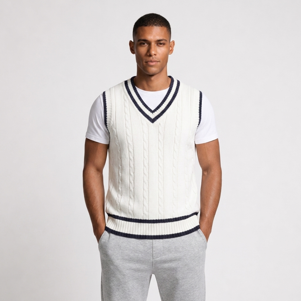 Cable Knit Vest V-Neck Contrast Stripe Trim for Men