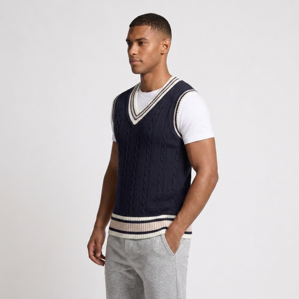 Cable Knit Vest V-Neck Contrast Stripe Trim for Men