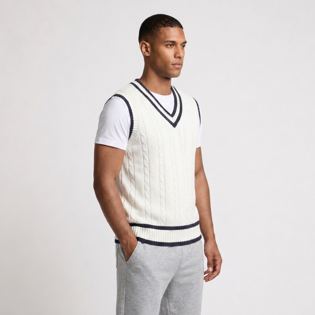 Cable Knit Vest V-Neck Contrast Stripe Trim for Men