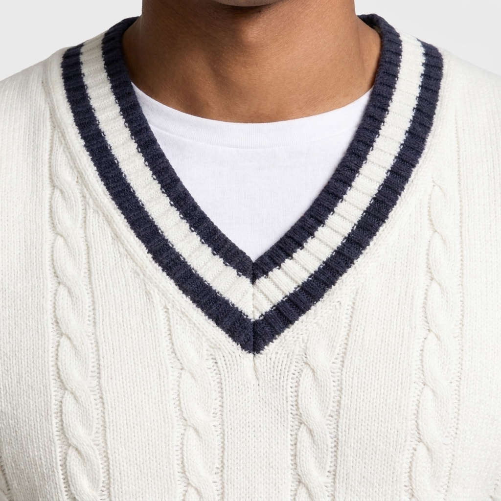 Cable Knit Vest V-Neck Contrast Stripe Trim for Men