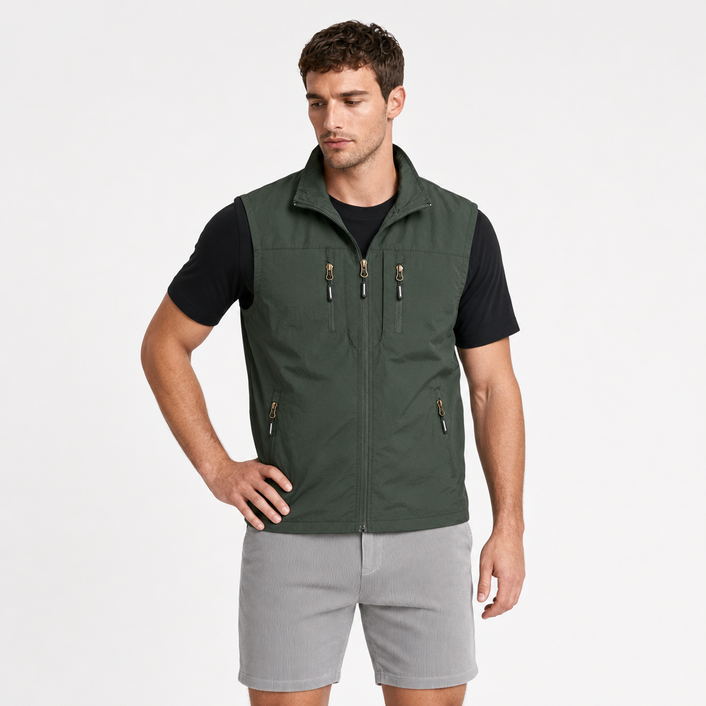 Zip Vest Stand Collar Gold Hardware Pockets for Men