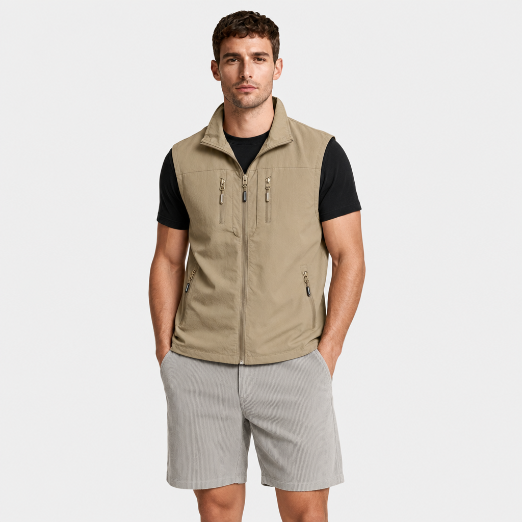 Zip Vest Stand Collar Gold Hardware Pockets for Men