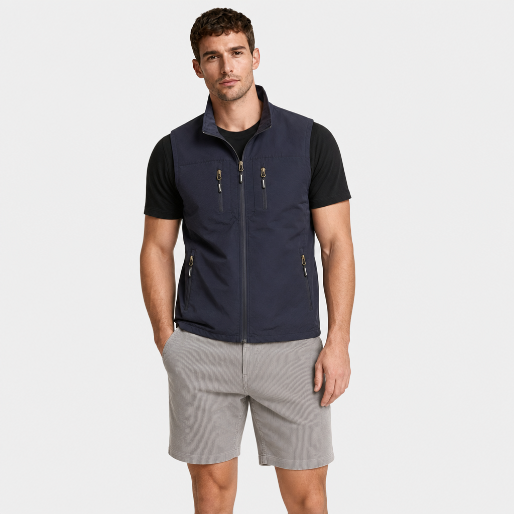 Zip Vest Stand Collar Gold Hardware Pockets for Men