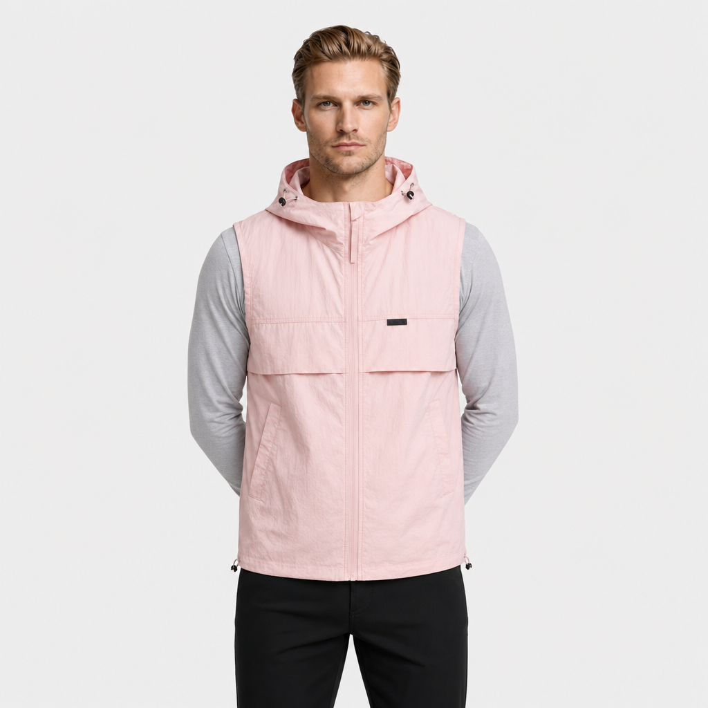 Hooded Zip Vest Drawcord Hem Chest Pocket for Men