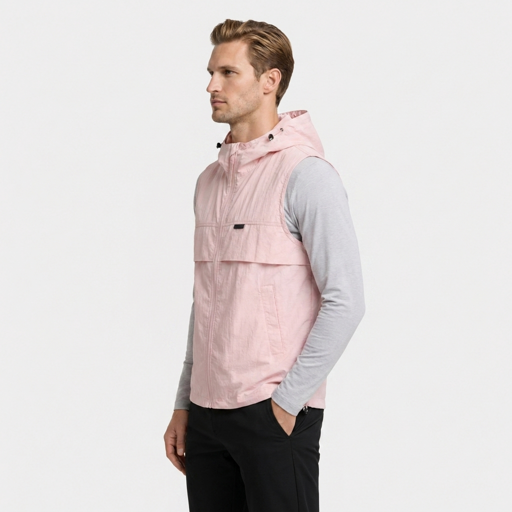 Hooded Zip Vest Drawcord Hem Chest Pocket for Men