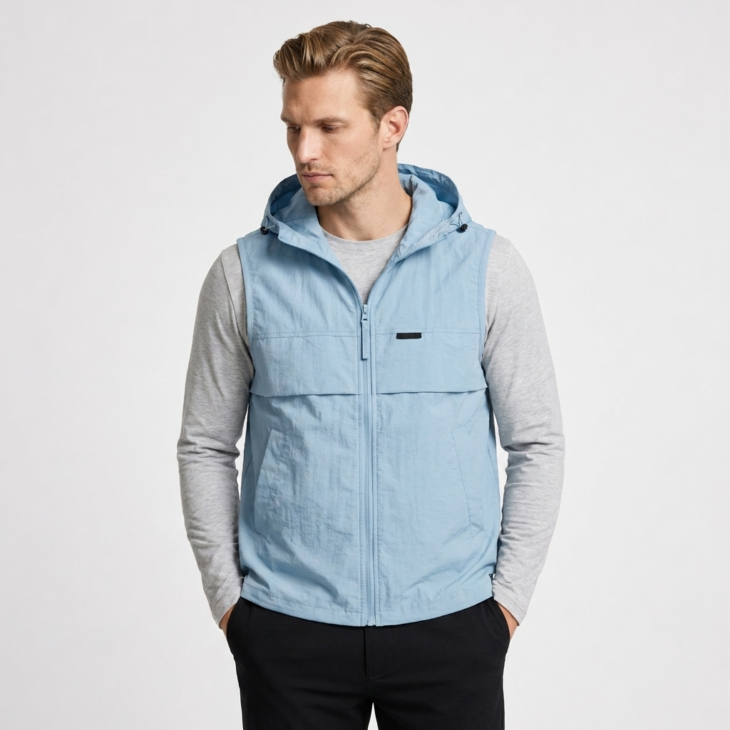 Hooded Zip Vest Drawcord Hem Chest Pocket for Men