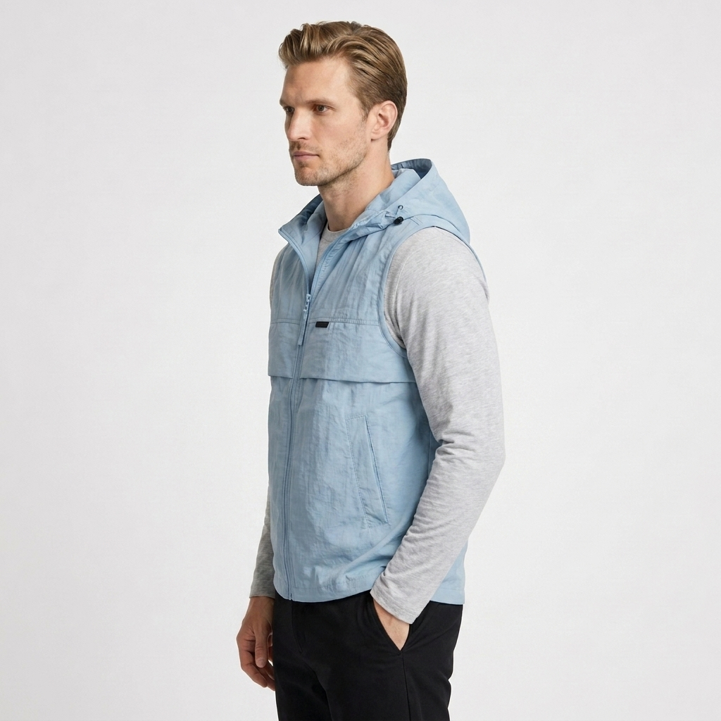 Hooded Zip Vest Drawcord Hem Chest Pocket for Men