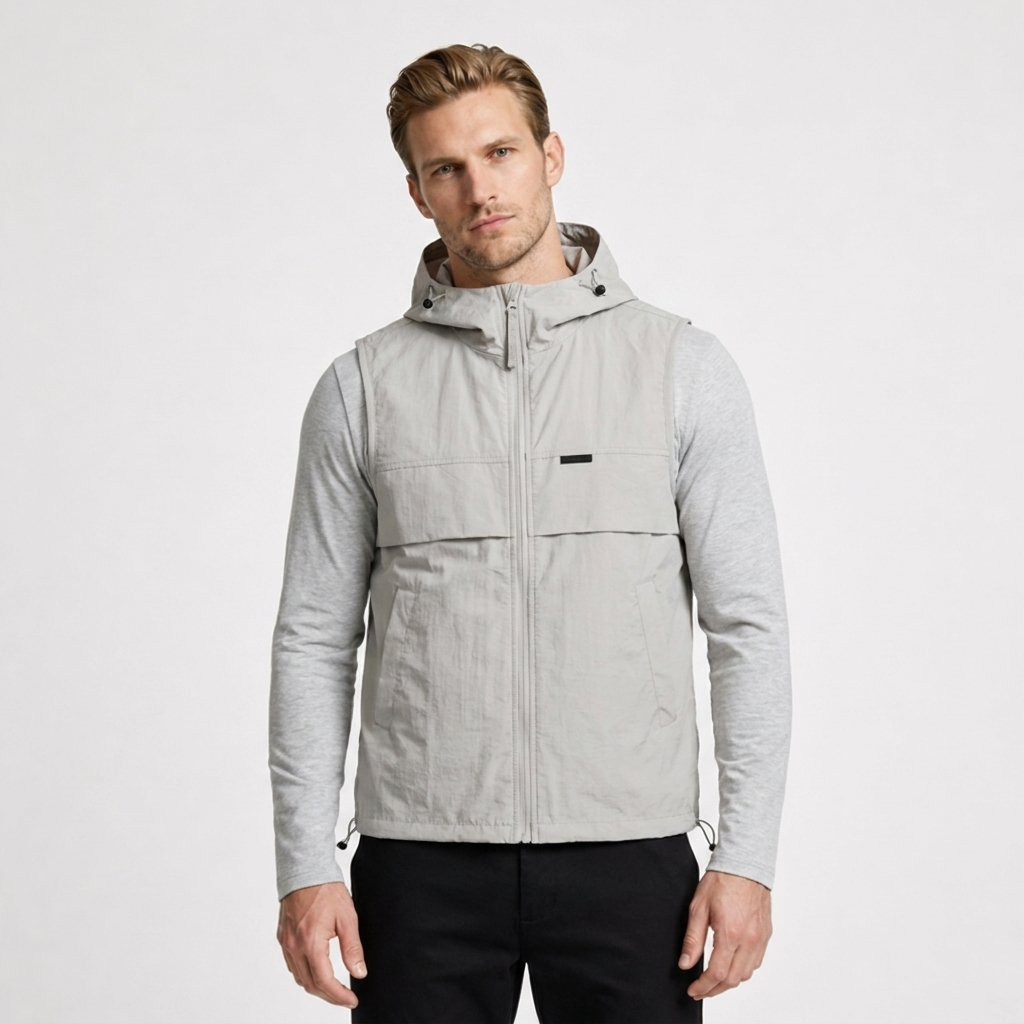 Hooded Zip Vest Drawcord Hem Chest Pocket for Men