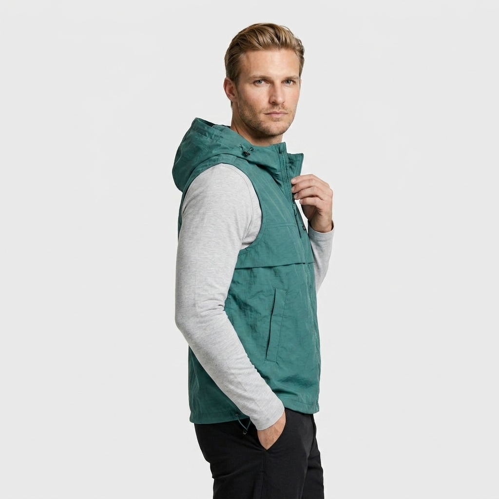 Hooded Zip Vest Drawcord Hem Chest Pocket for Men