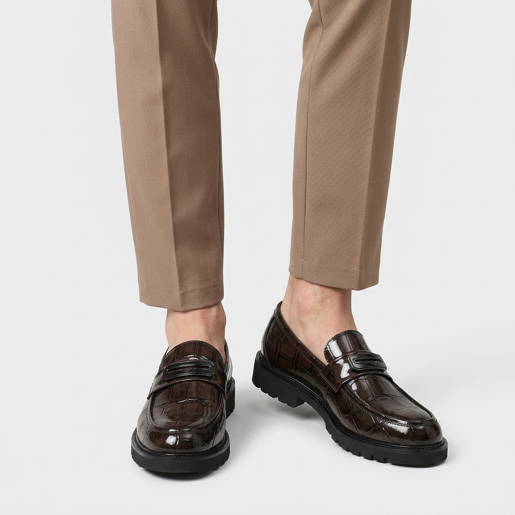 Croc-Embossed Loafer Geometric Bar Lug Sole for Men