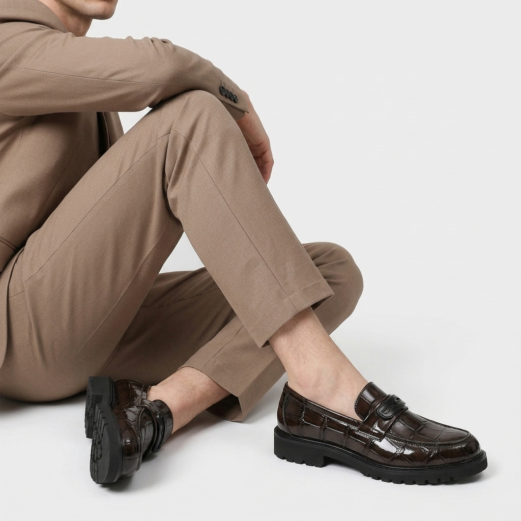 Croc-Embossed Loafer Geometric Bar Lug Sole for Men