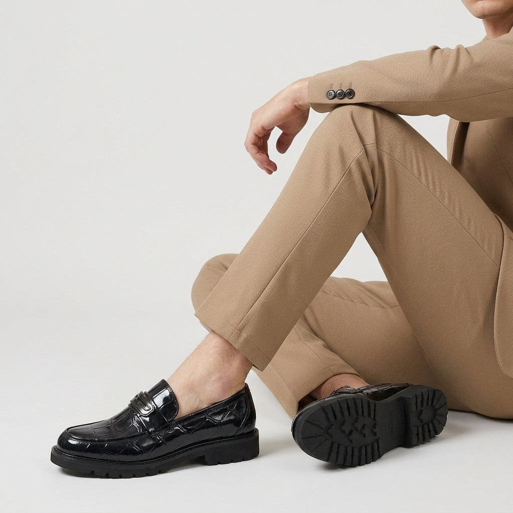 Croc-Embossed Loafer Geometric Bar Lug Sole for Men