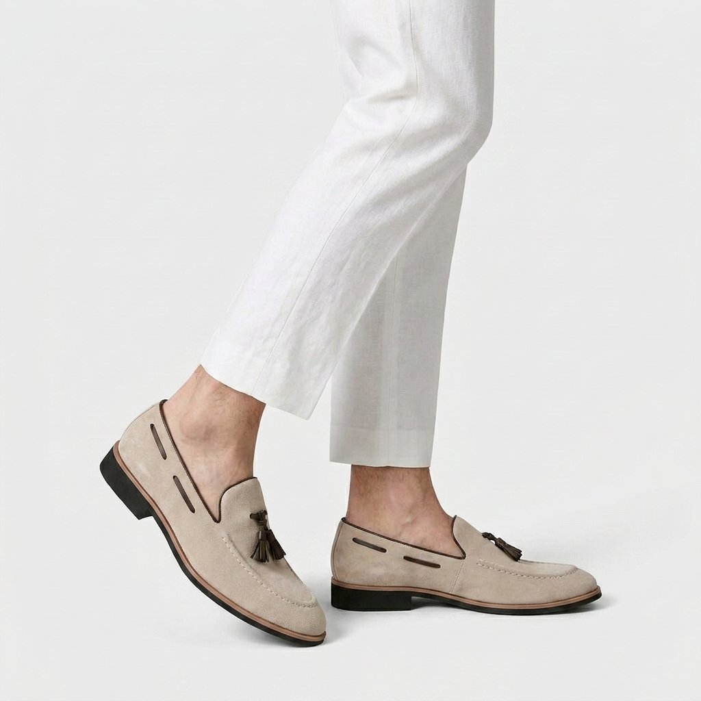 Men's Suede Tassel Loafer Contrast Trim Leather Sole