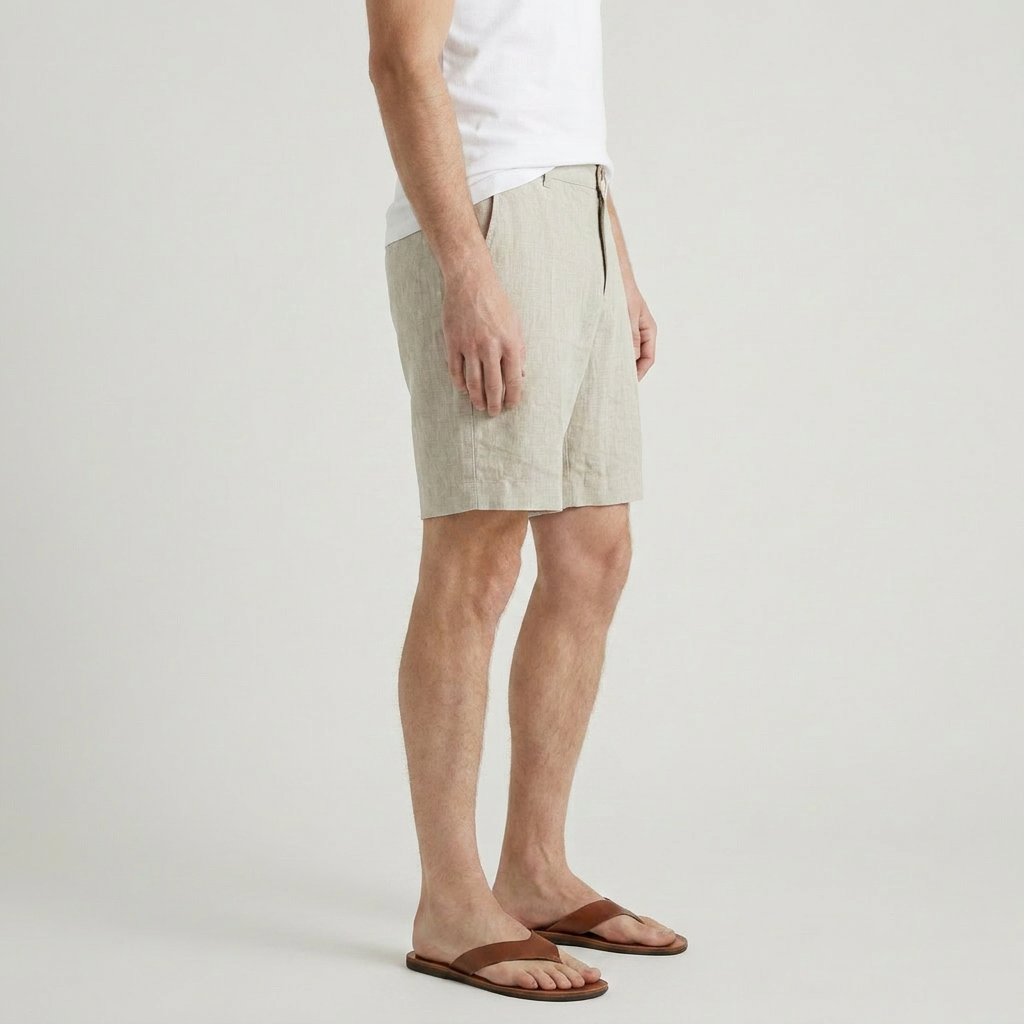 Men's Linen Chino Shorts Flat Front Button Closure