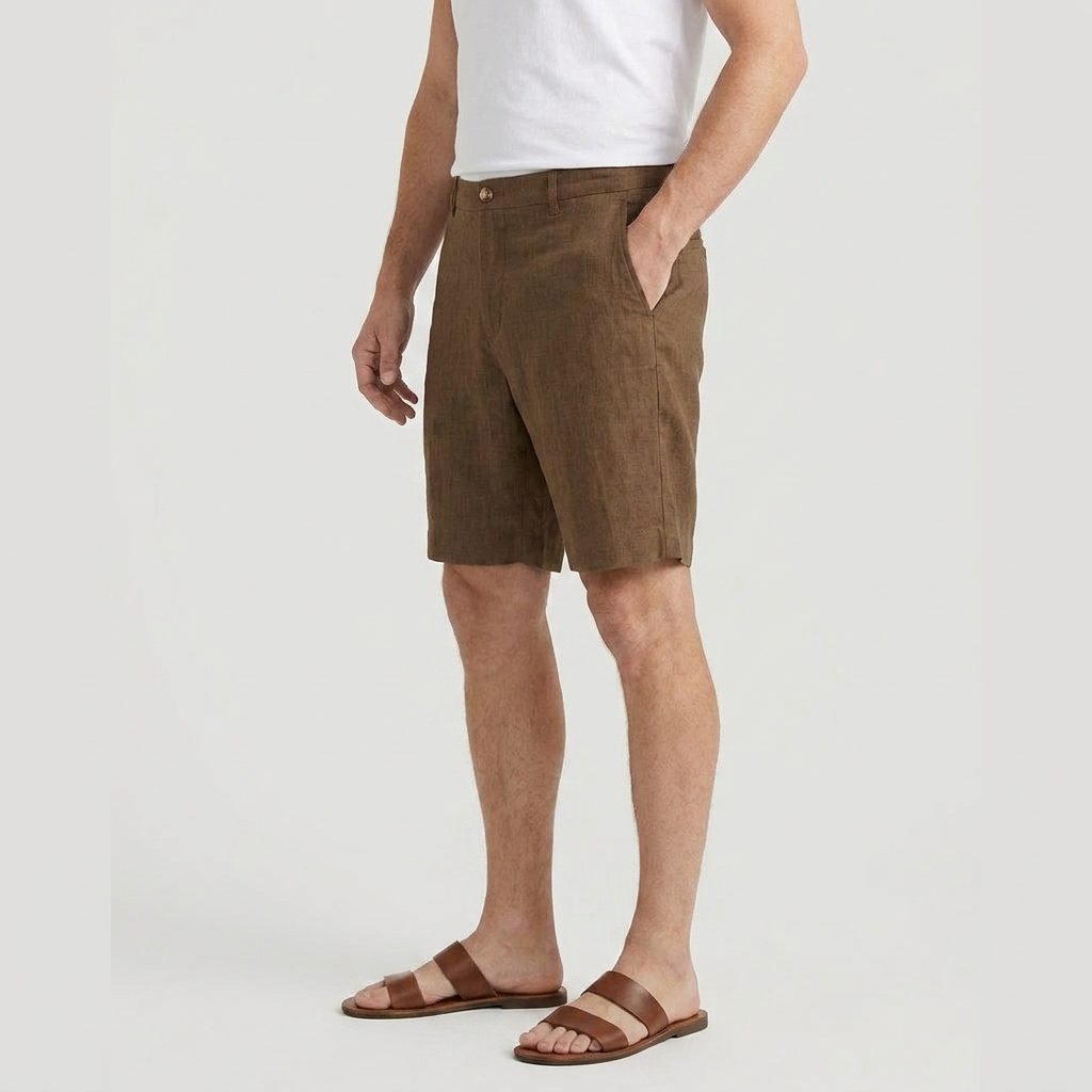 Men's Linen Chino Shorts Flat Front Button Closure