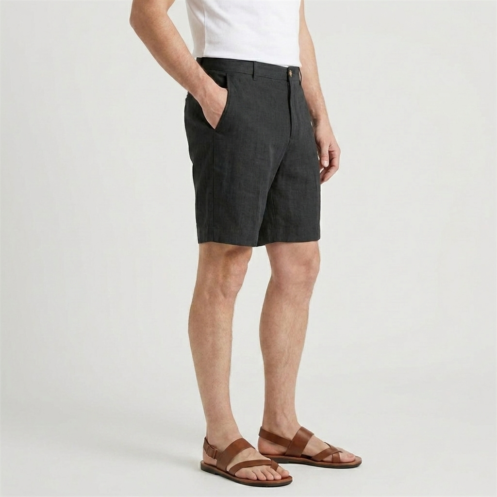 Linen Chino Shorts Flat Front Button Closure for Men