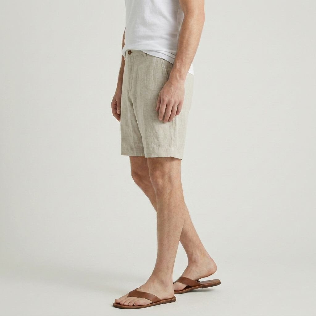 Men's Linen Chino Shorts Flat Front Button Closure