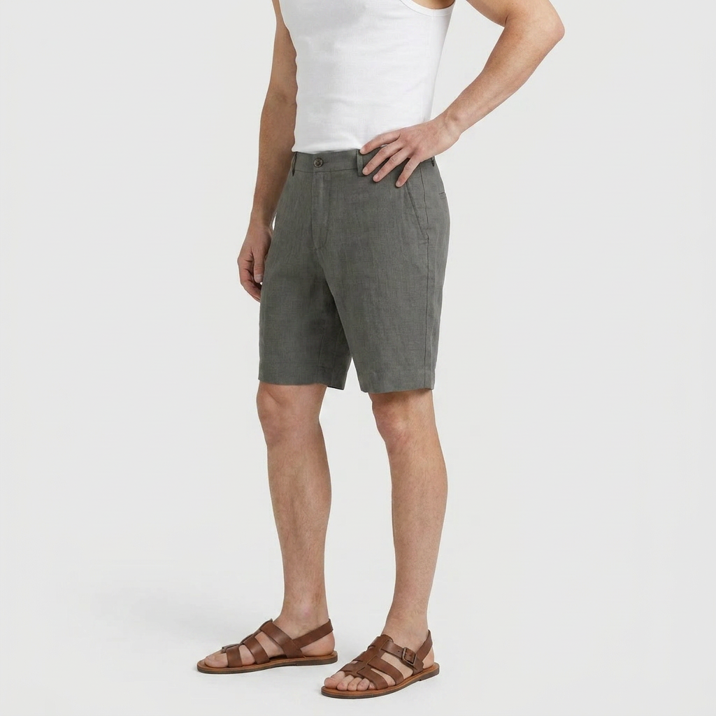Men's Linen Chino Shorts Flat Front Button Closure
