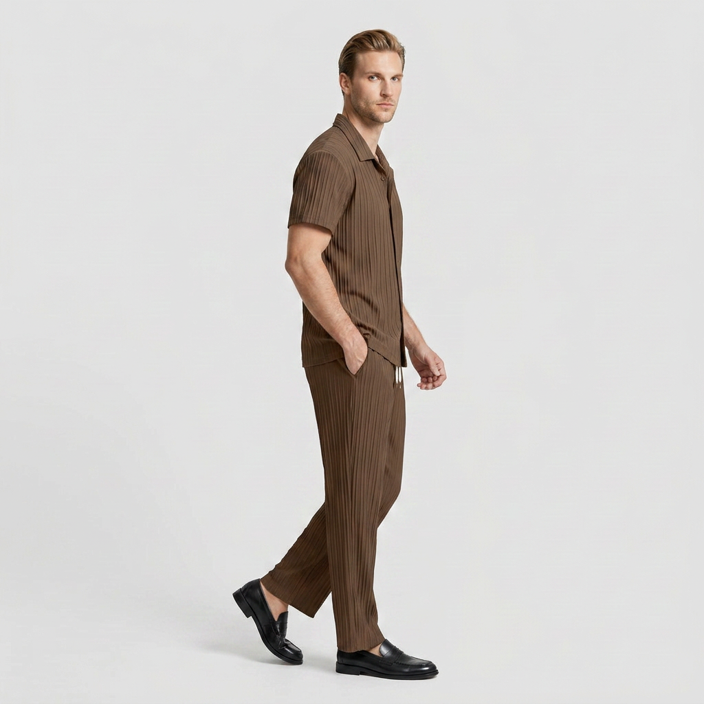 Pleated Matching Set Camp Collar Shirt Trousers for Men