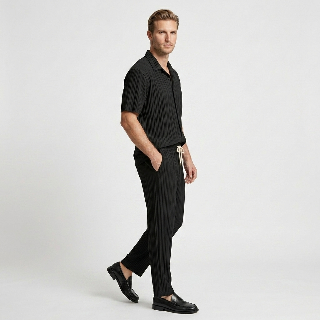 Pleated Matching Set Camp Collar Shirt Trousers for Men