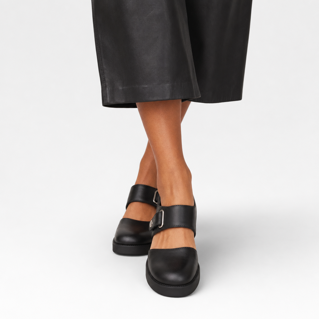 Women's Leather Mary Jane Flats with Buckle Strap