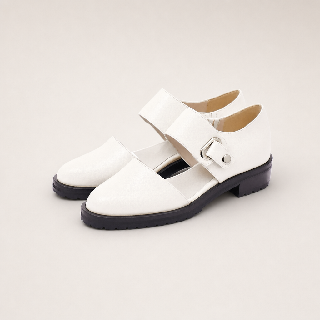 Women's Leather Mary Jane Flats with Buckle Strap