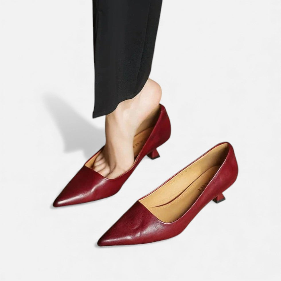 Women's Leather Kitten Heel Pointed-Toe Pumps