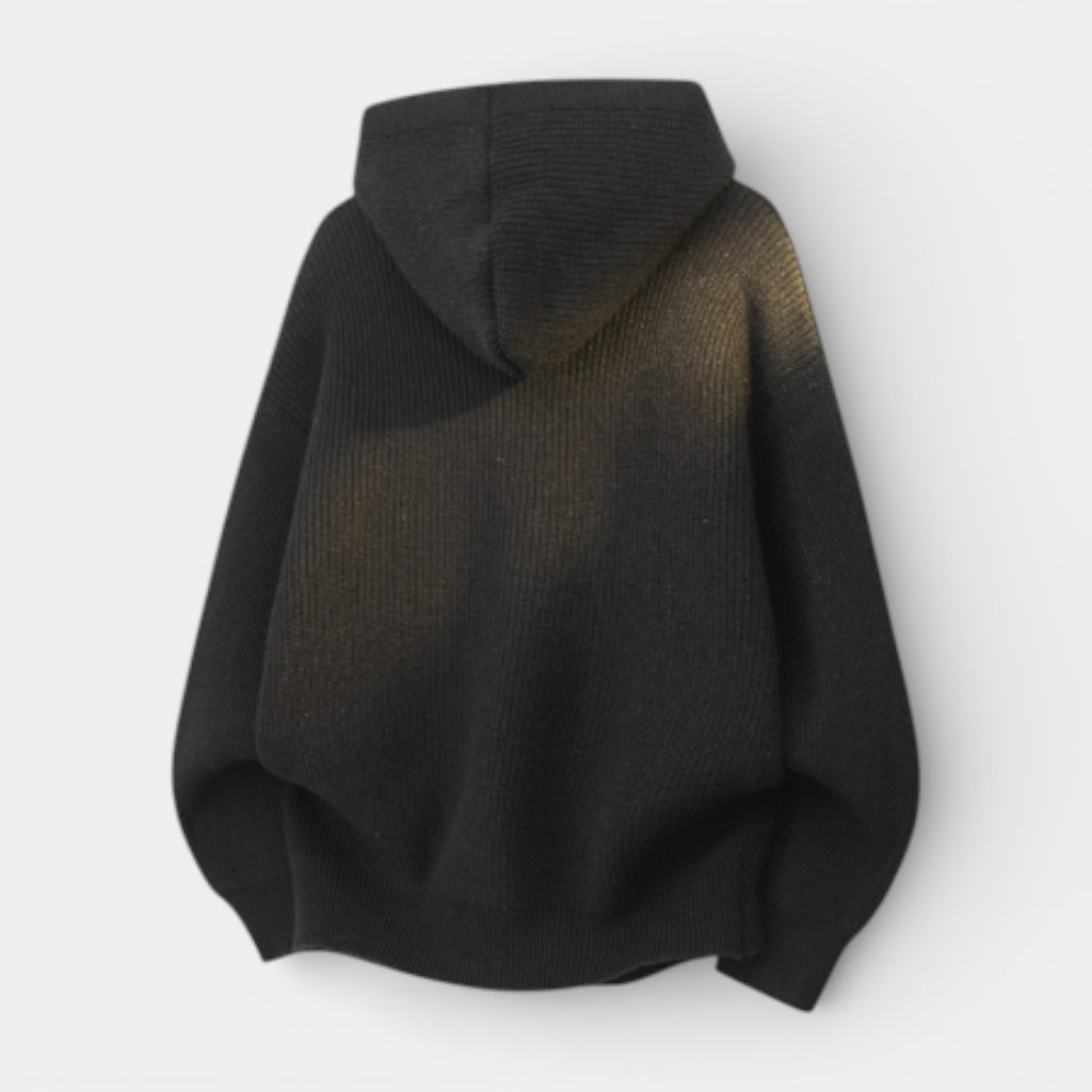 Ribbed Knit Hooded Zip Sweater Relaxed Fit for Men