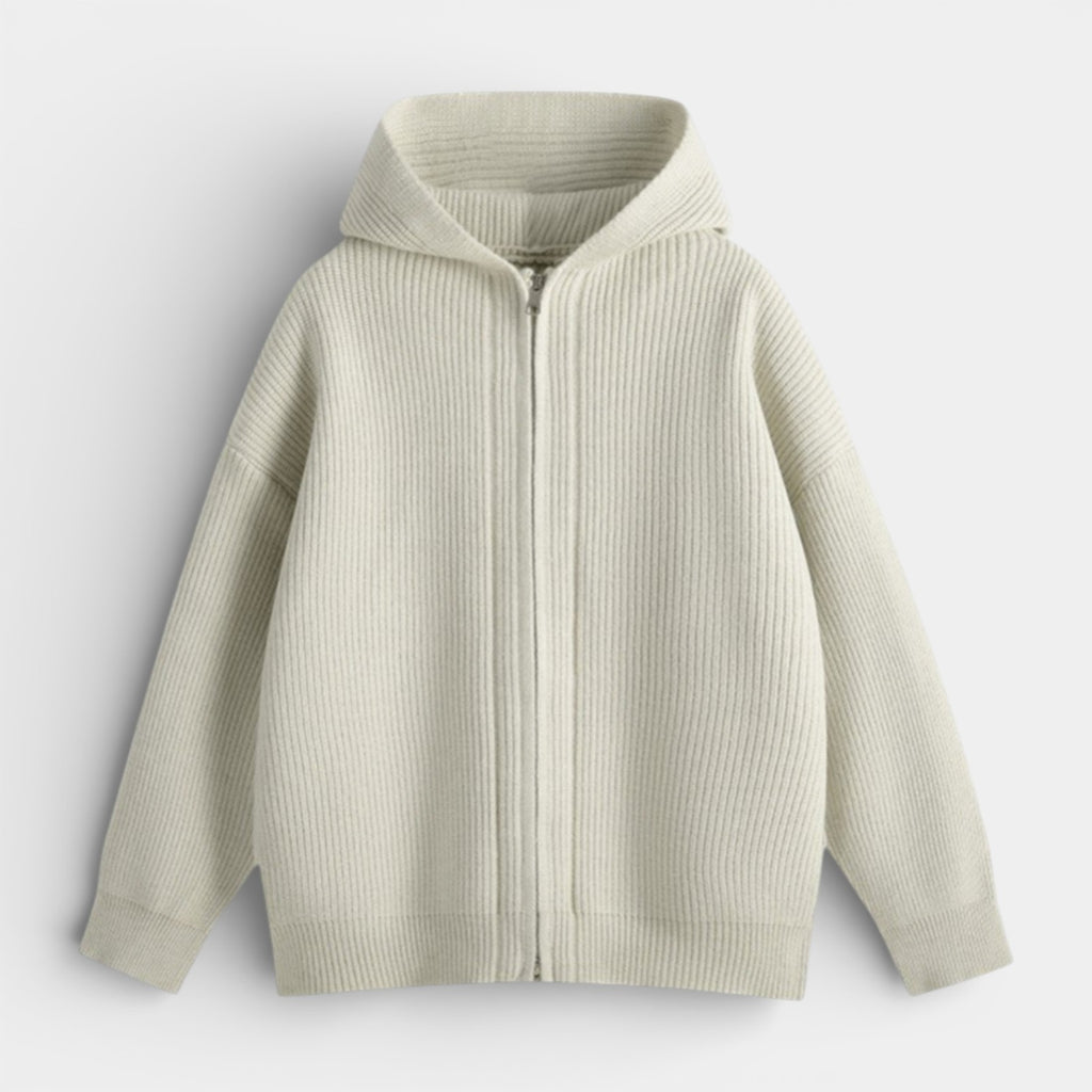 Ribbed Knit Hooded Zip Sweater Relaxed Fit for Men