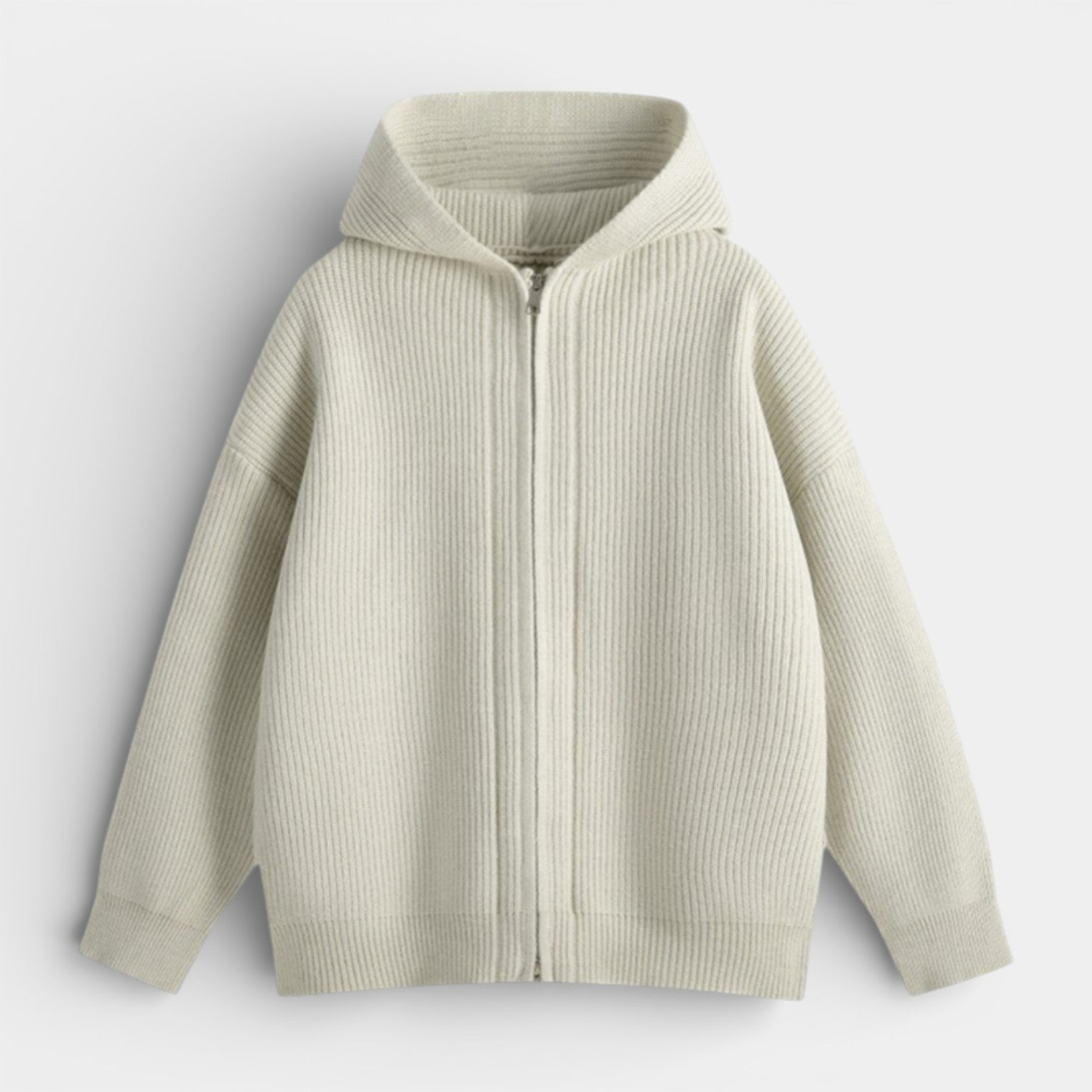 Ribbed Knit Hooded Zip Sweater Relaxed Fit for Men
