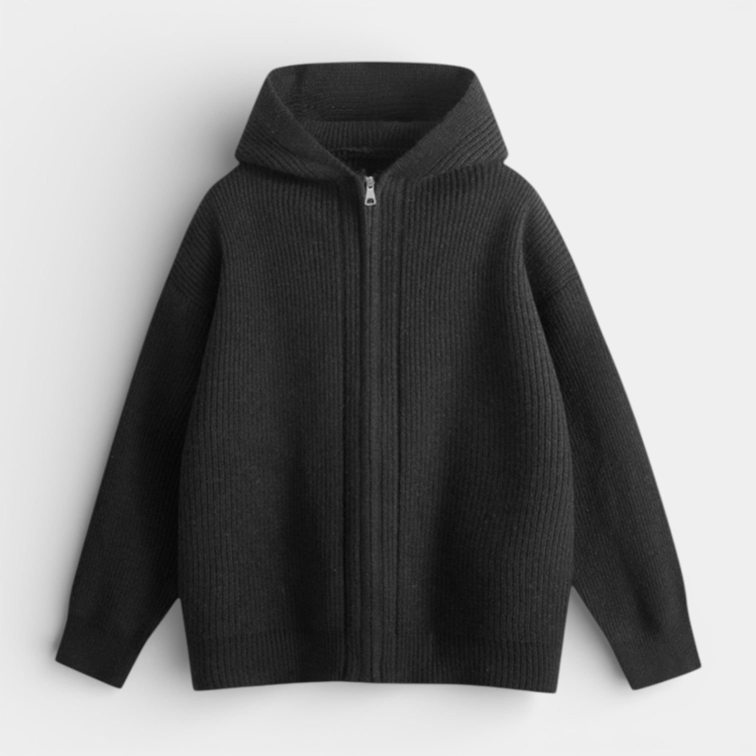 Ribbed Knit Hooded Zip Sweater Relaxed Fit for Men