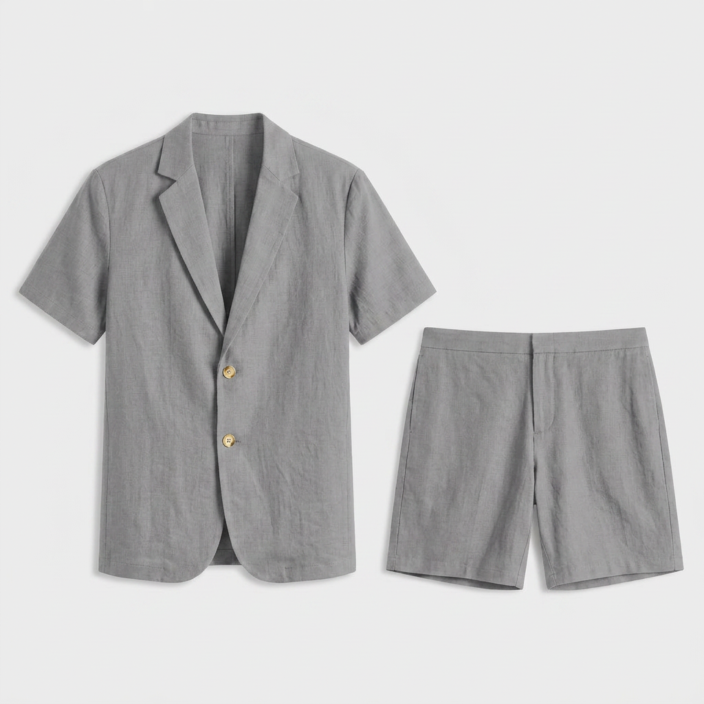 Linen Short Sleeve Blazer And Shorts Set for Men