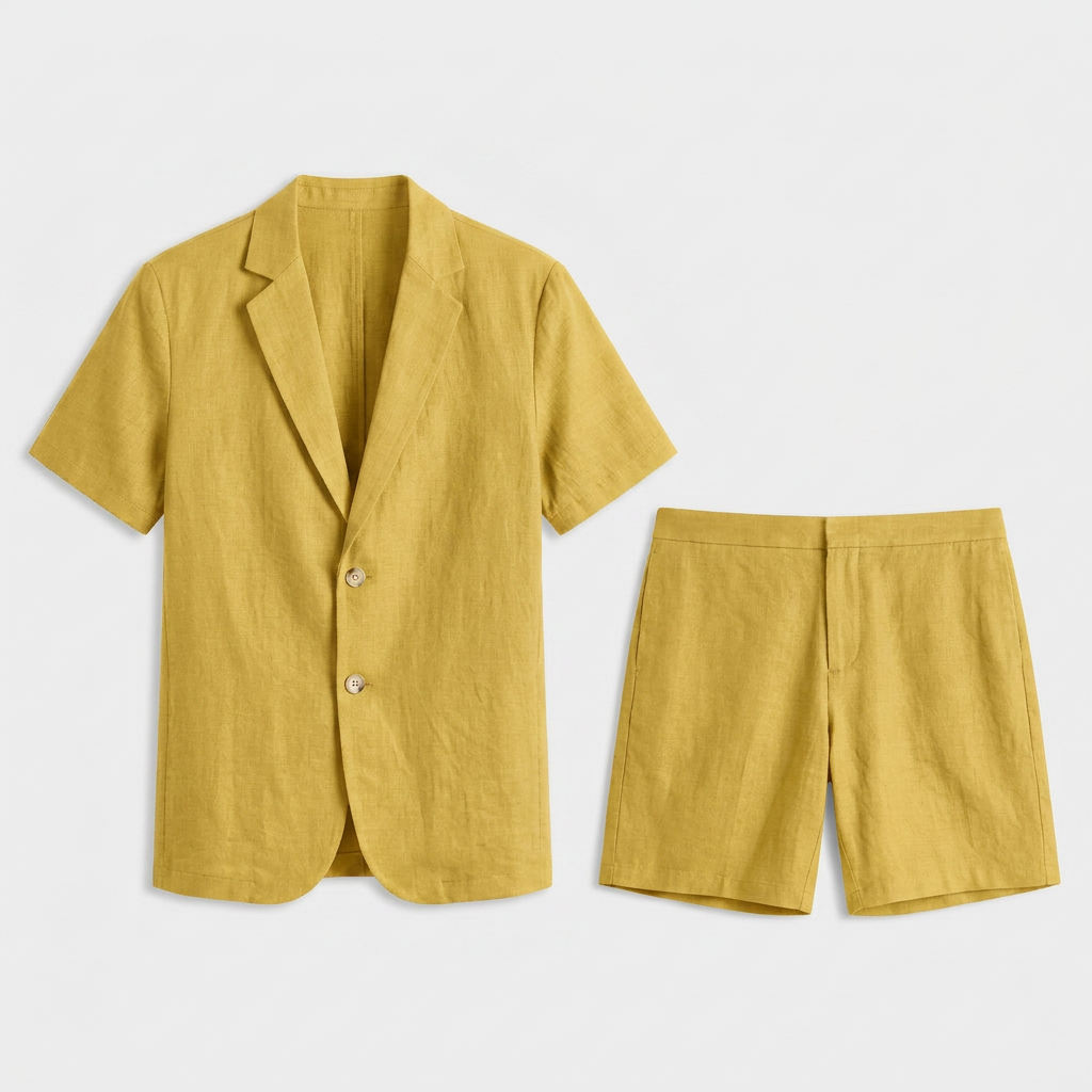 Men's Linen Short Sleeve Blazer And Shorts Set