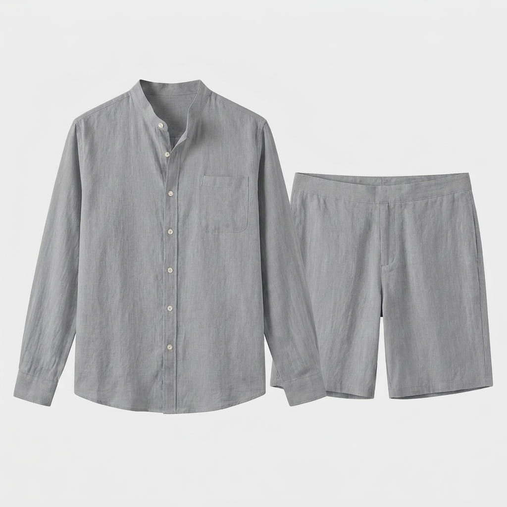 Men's Linen Mandarin Collar Shirt And Shorts Set
