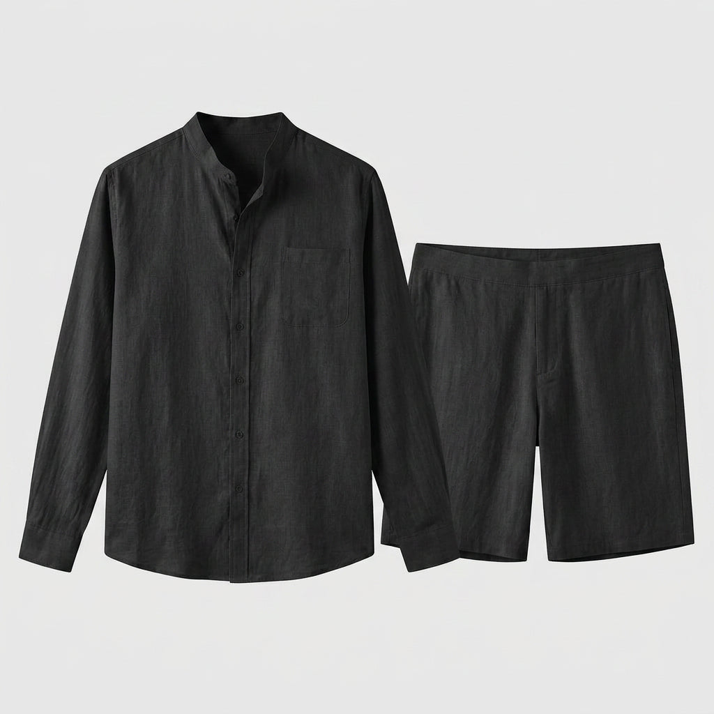 Men's Linen Mandarin Collar Shirt And Shorts Set