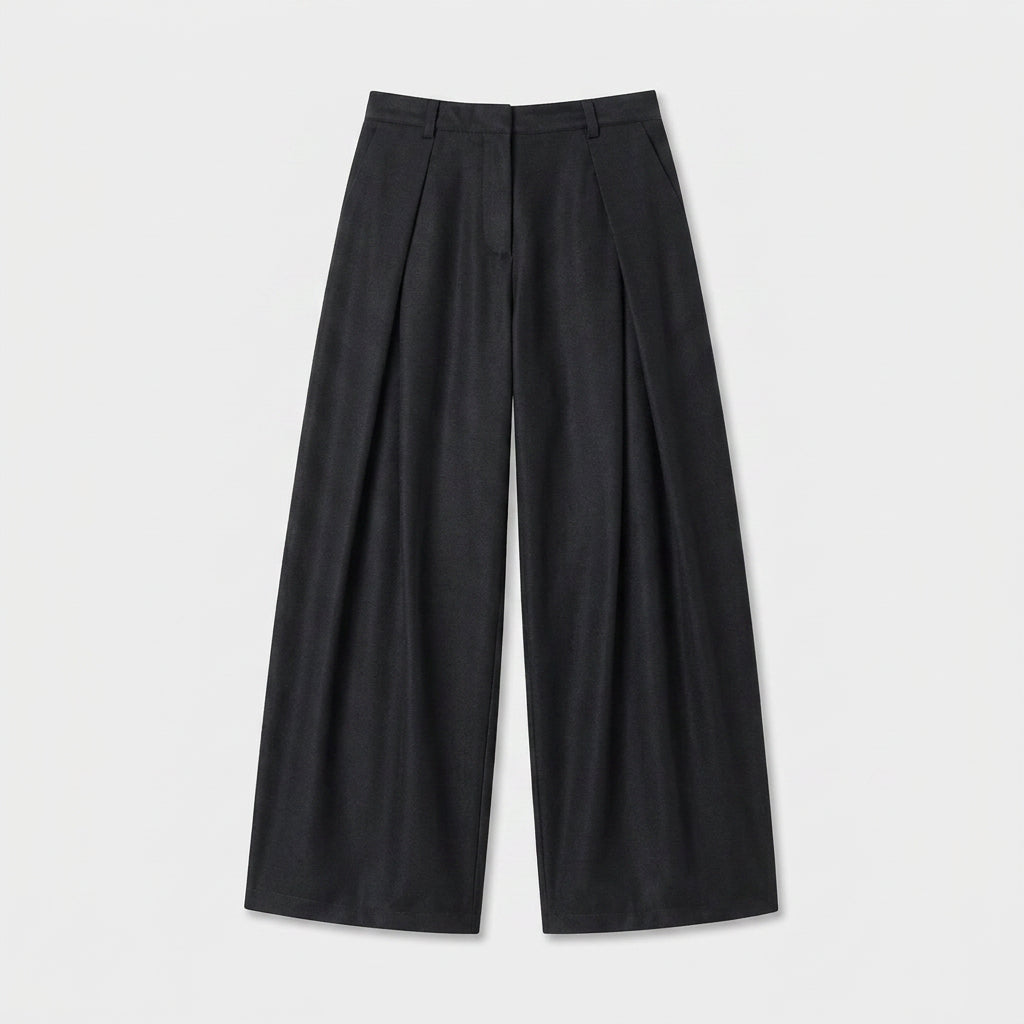Wide Leg Pleated Trousers High Rise Wool Blend for Men