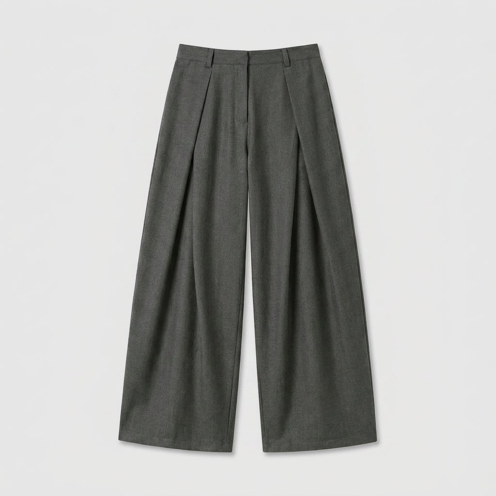 Wide Leg Pleated Trousers High Rise Wool Blend for Men