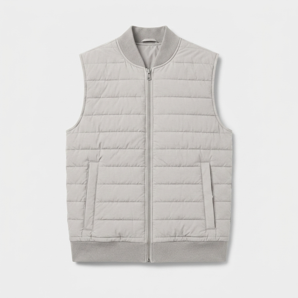 Men's Quilted Bomber Vest Full Zip Ribbed Collar