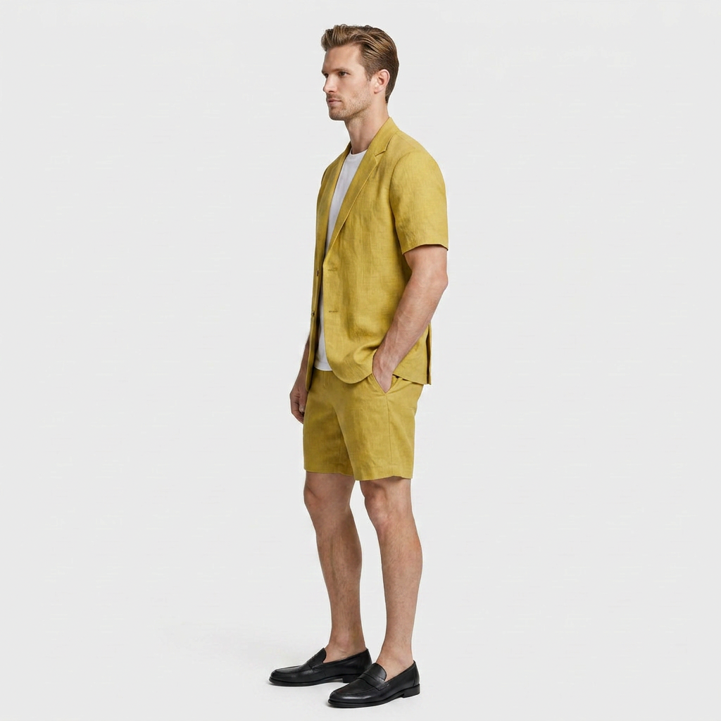 Men's Linen Short Sleeve Blazer And Shorts Set