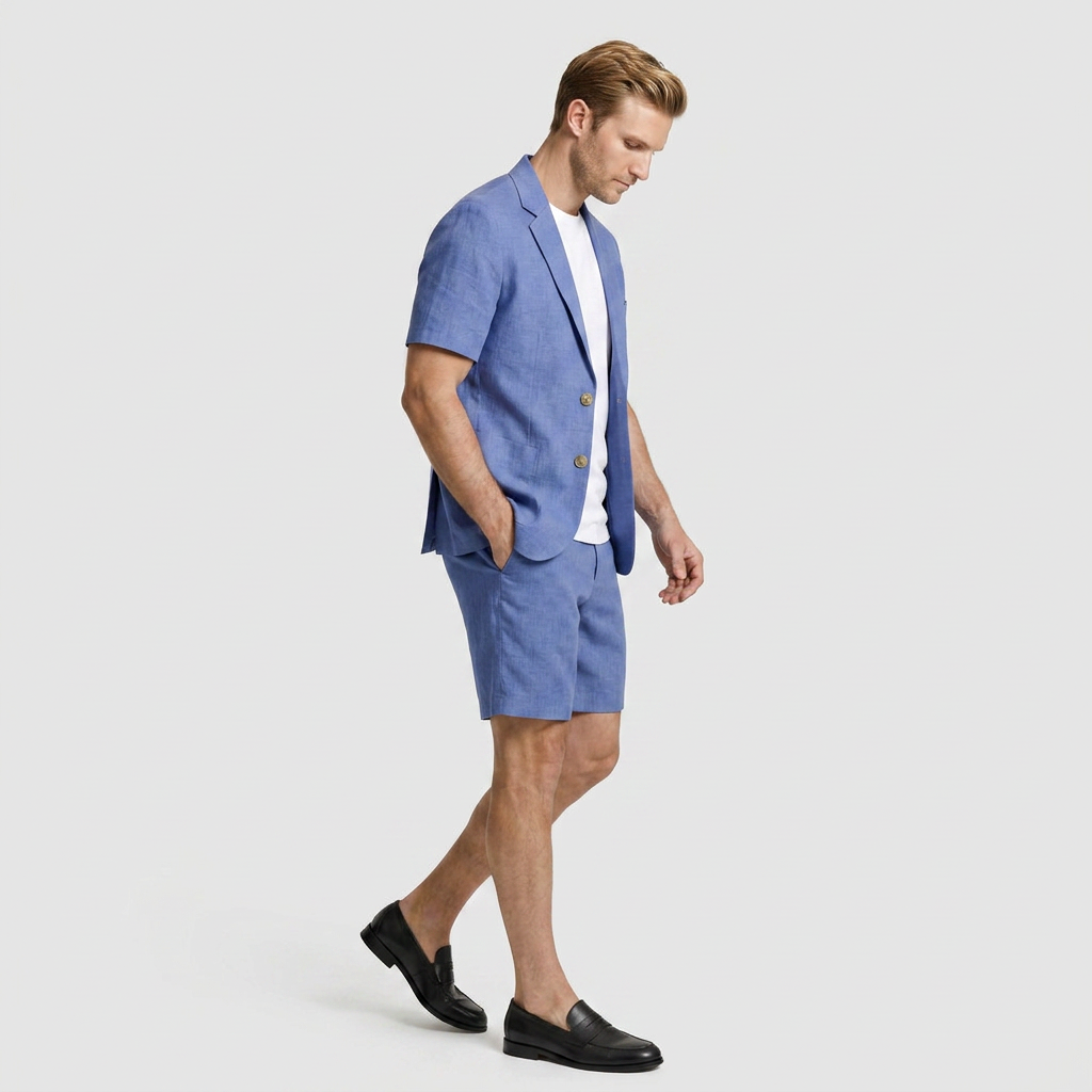 Men's Linen Short Sleeve Blazer And Shorts Set