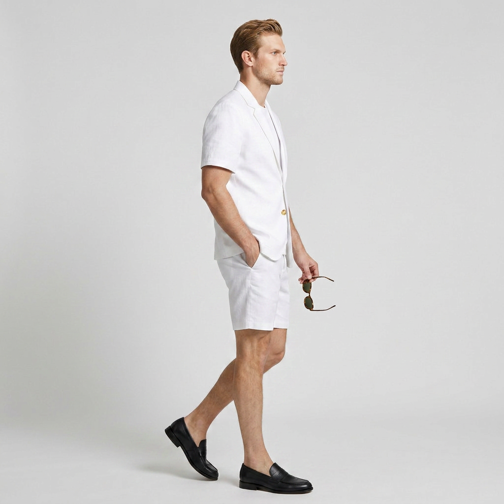 Men's Linen Short Sleeve Blazer And Shorts Set
