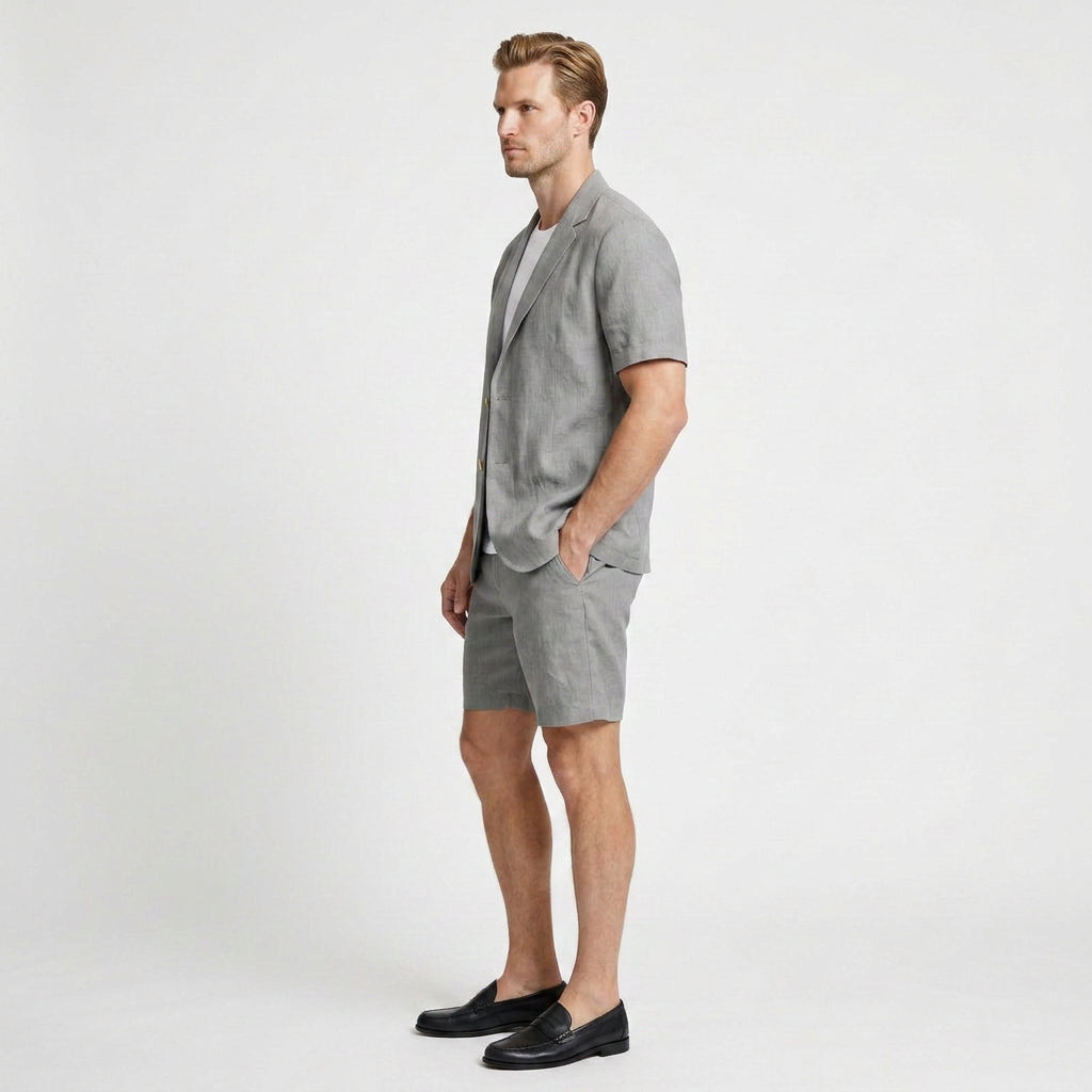 Linen Short Sleeve Blazer And Shorts Set for Men