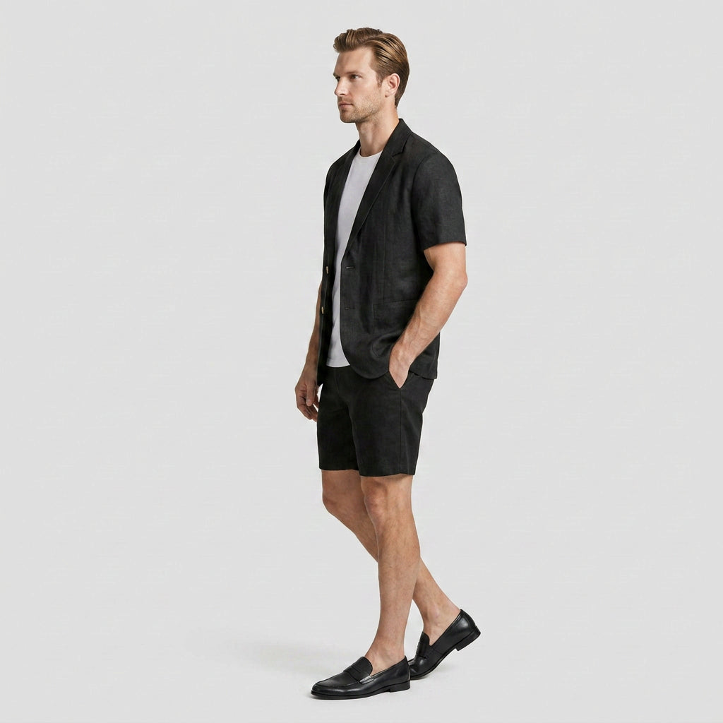 Linen Short Sleeve Blazer And Shorts Set for Men