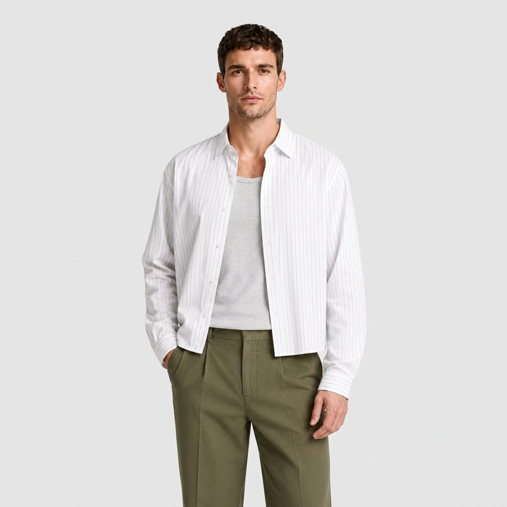 Pinstripe Cropped Shirt Relaxed Fit Long Sleeve for Men