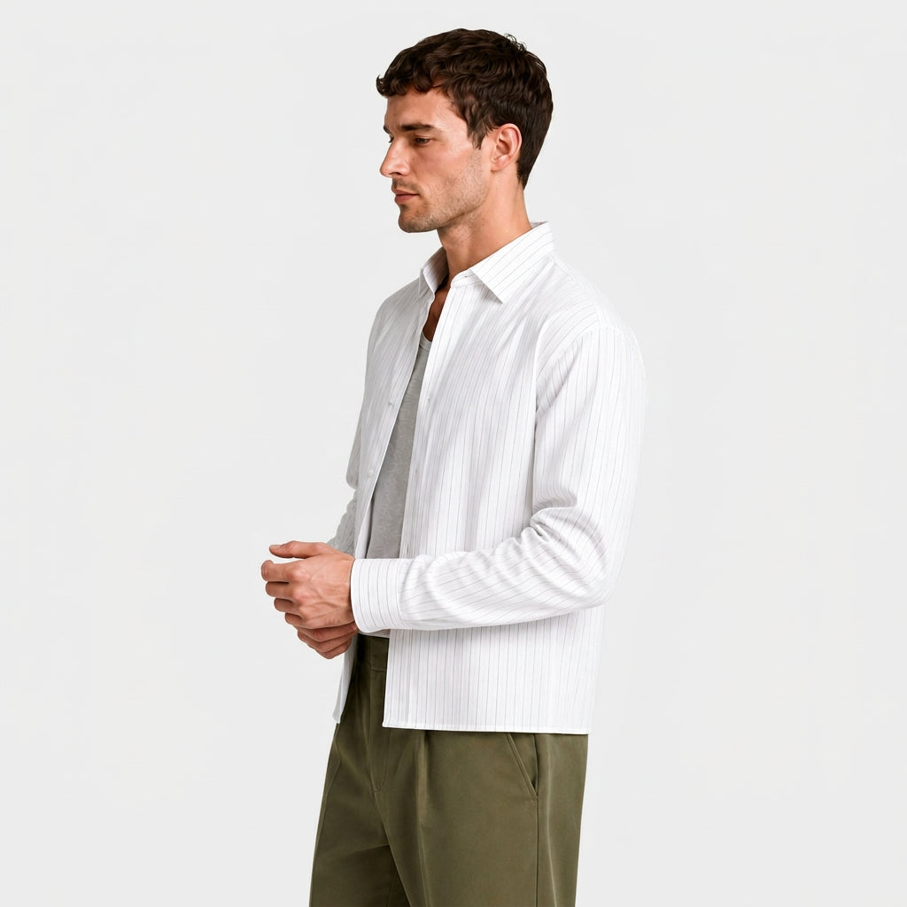 Pinstripe Cropped Shirt Relaxed Fit Long Sleeve for Men