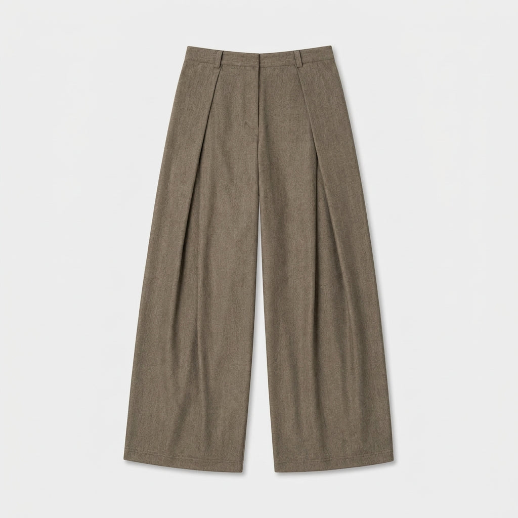 Wide Leg Pleated Trousers High Rise Wool Blend for Men